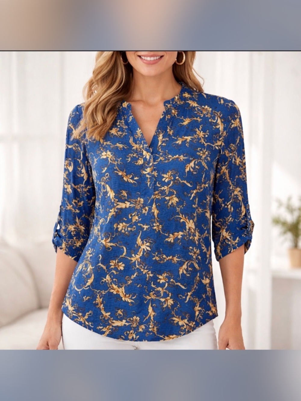 Scarlett Royal Blue Blouse with Gold Scroll Print